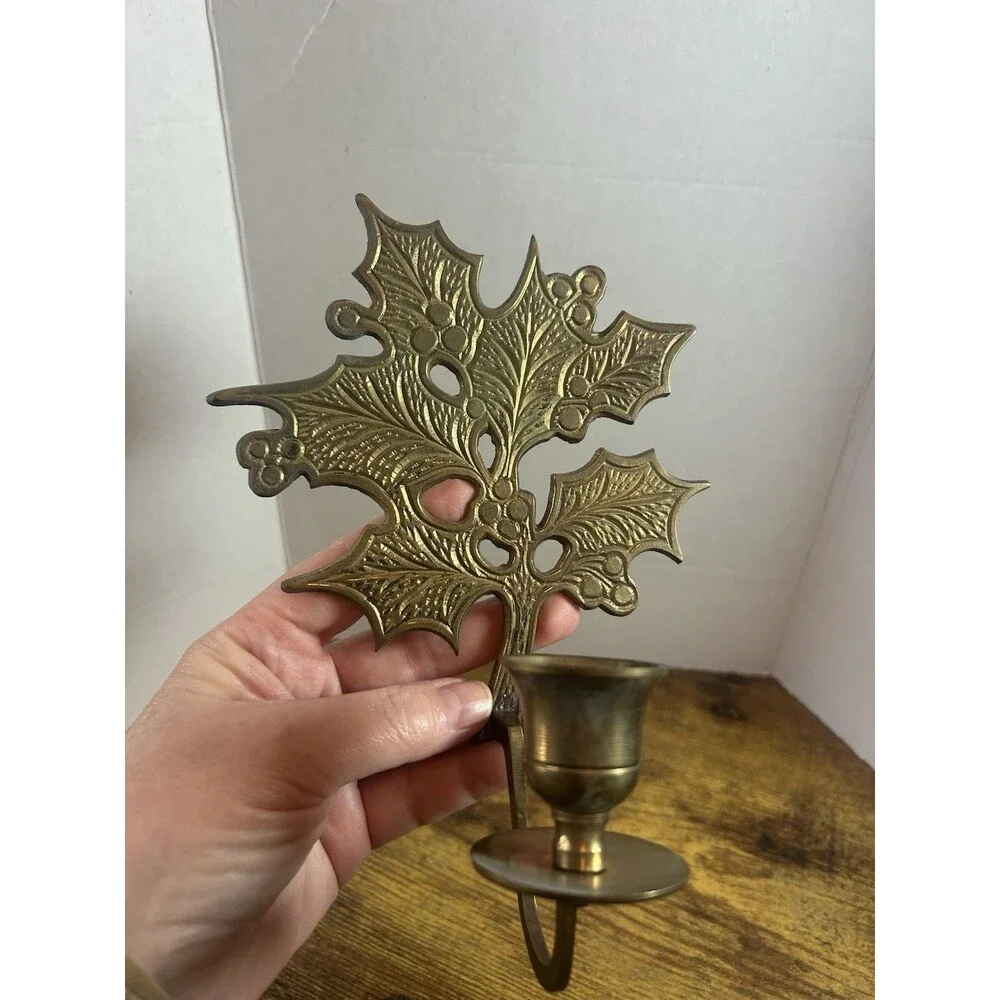Vintage Brass Holly Leaf Candle Holders Pair Christmas Sconce Decor  Holiday Set